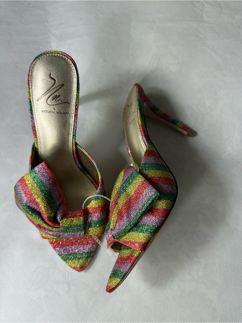 ANTONIO MELANI Rainbow Striped Bow Pointed Heels- Multicolor Glitter - Picture 13 of 14